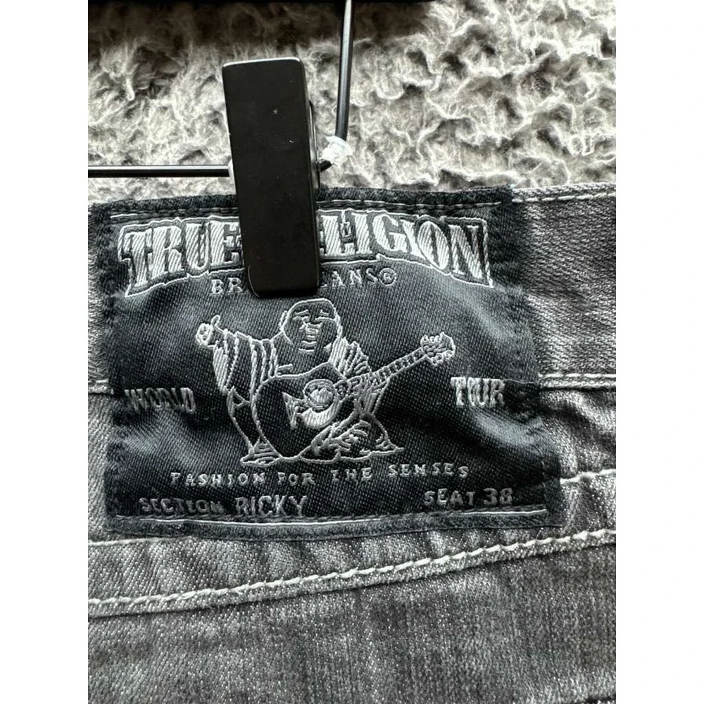 True Religion Ricky Relaxed Straight Distressed Denim Jeans Black Mens Size 38